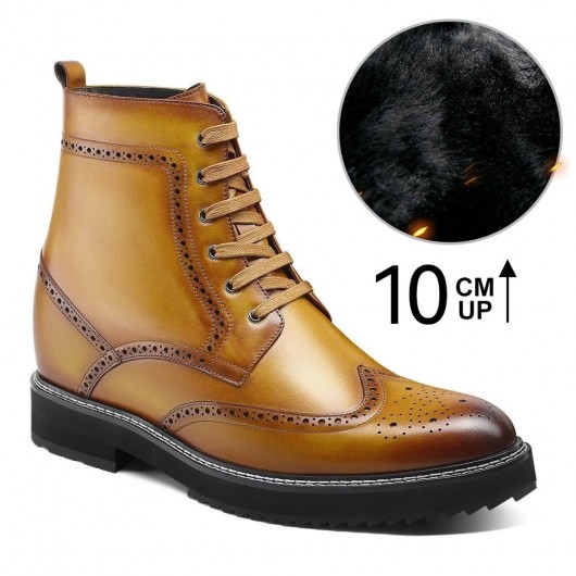 Height Increasing Shoes - Men's Boots That Make You Taller - Brown Brogue Warm Fur Lined Elevator Boots 10 CM / 3.94 Inches