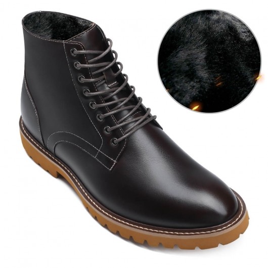 Fur-lining Mens Elevator Work Boots - Coffee Leather Men's Winter Elevator Shoes 7 CM / 2.76 Inches