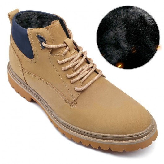 Fur Lining Winter Tall Men Shoes - Yellow Nubuck Men's Elevator Outdoor Boots 7 CM / 2.76 Inches