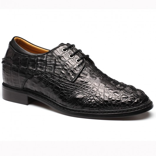 Black Men Real Full Crocodile Skin Shoes - Crocodile Leather Height Increasing Elevator Shoes 7.5Cm/2.95 Inch Taller