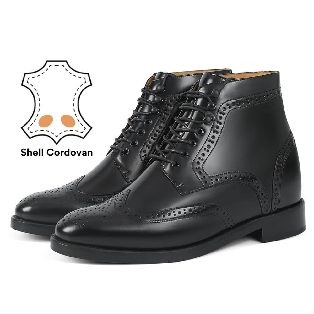 Height Increasing Wing Tip Boots - Black Shell Cordovan Elevator Boots For Men - Black Brogue Boots 3.54 Inches / 9cm