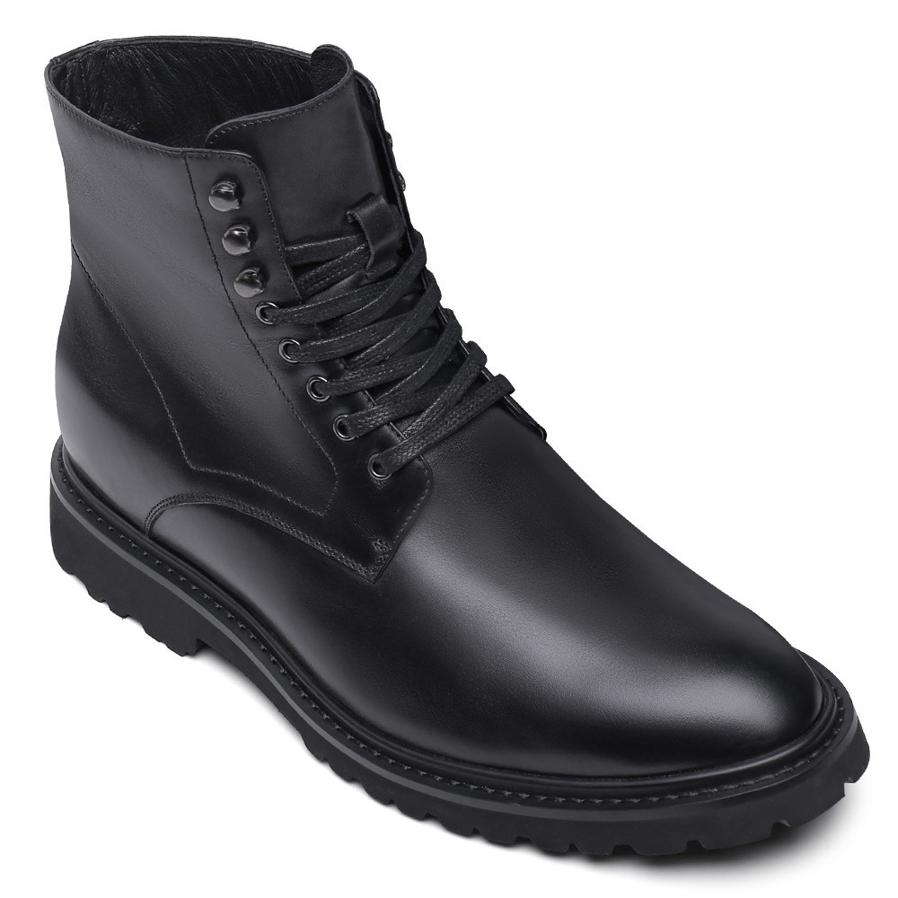 Sko til høje mænd - Elevatorarbejdstøvler - Sorte læderstøvler 8 cm