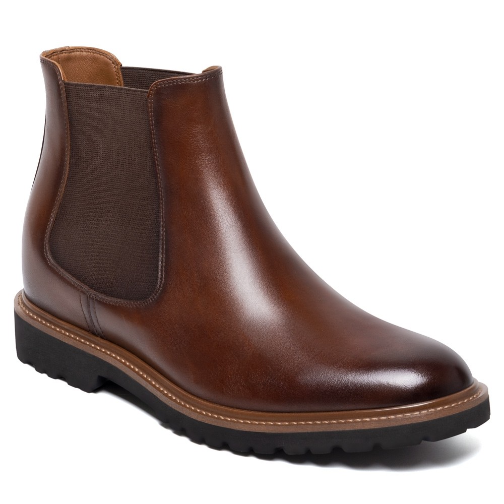 Brown Leather Elevator Chelsea Boots 8CM