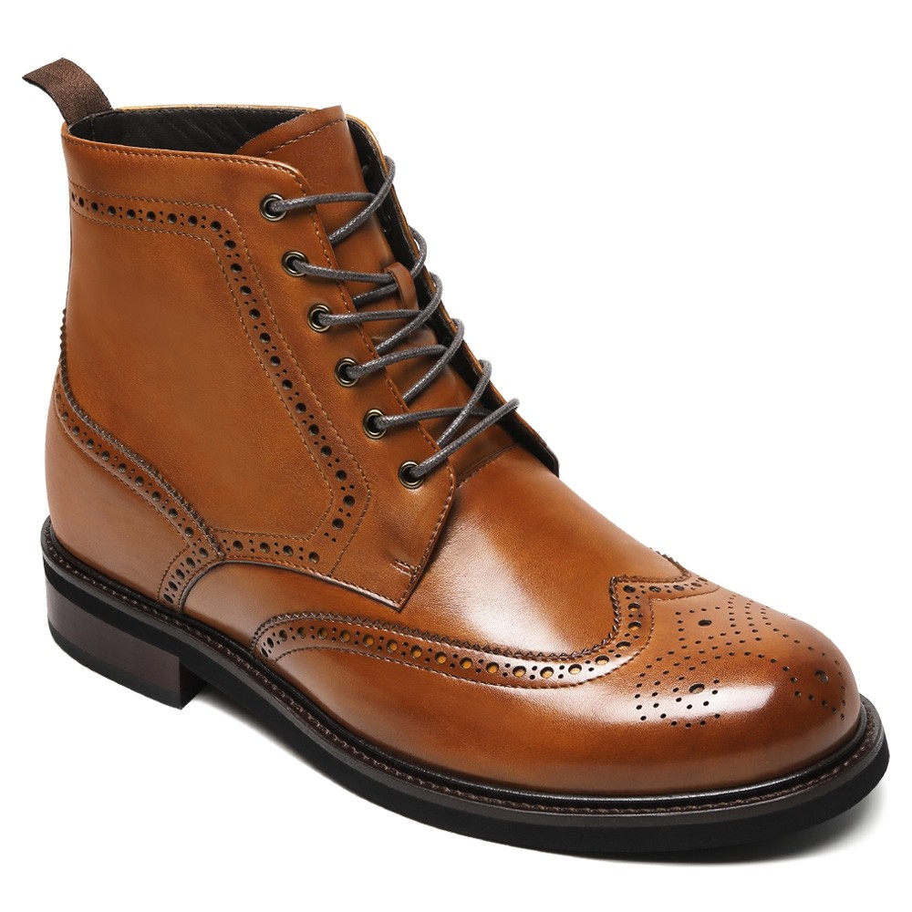 Brown Antiqued Leather Brogue Boots 8CM