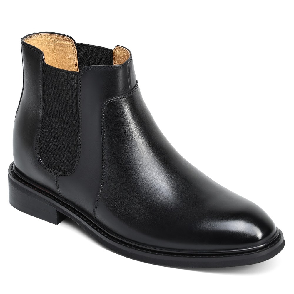Black Leather Elevator Chelsea Boots 8CM