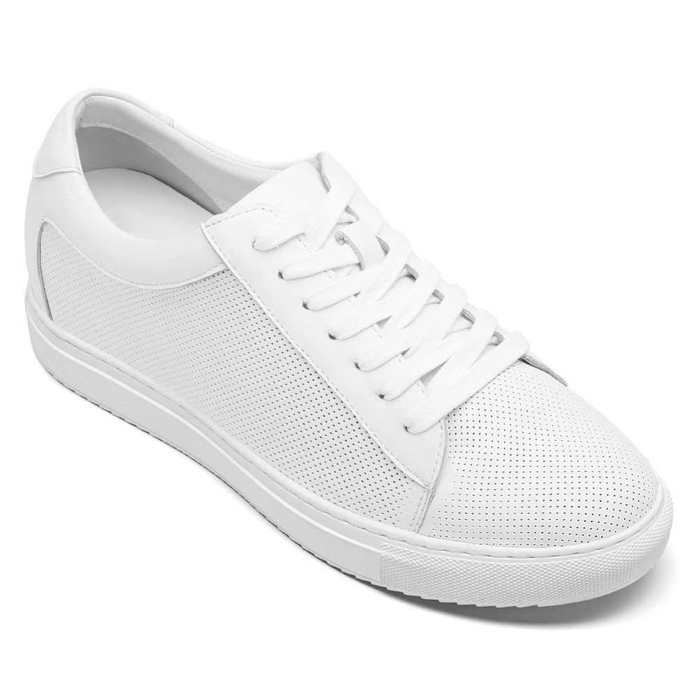 Hvide Sneakers Der Gør Dig Højere - Højdeøgende Sneakers - Åndbare Læder Casual Herresneakers 6 CM