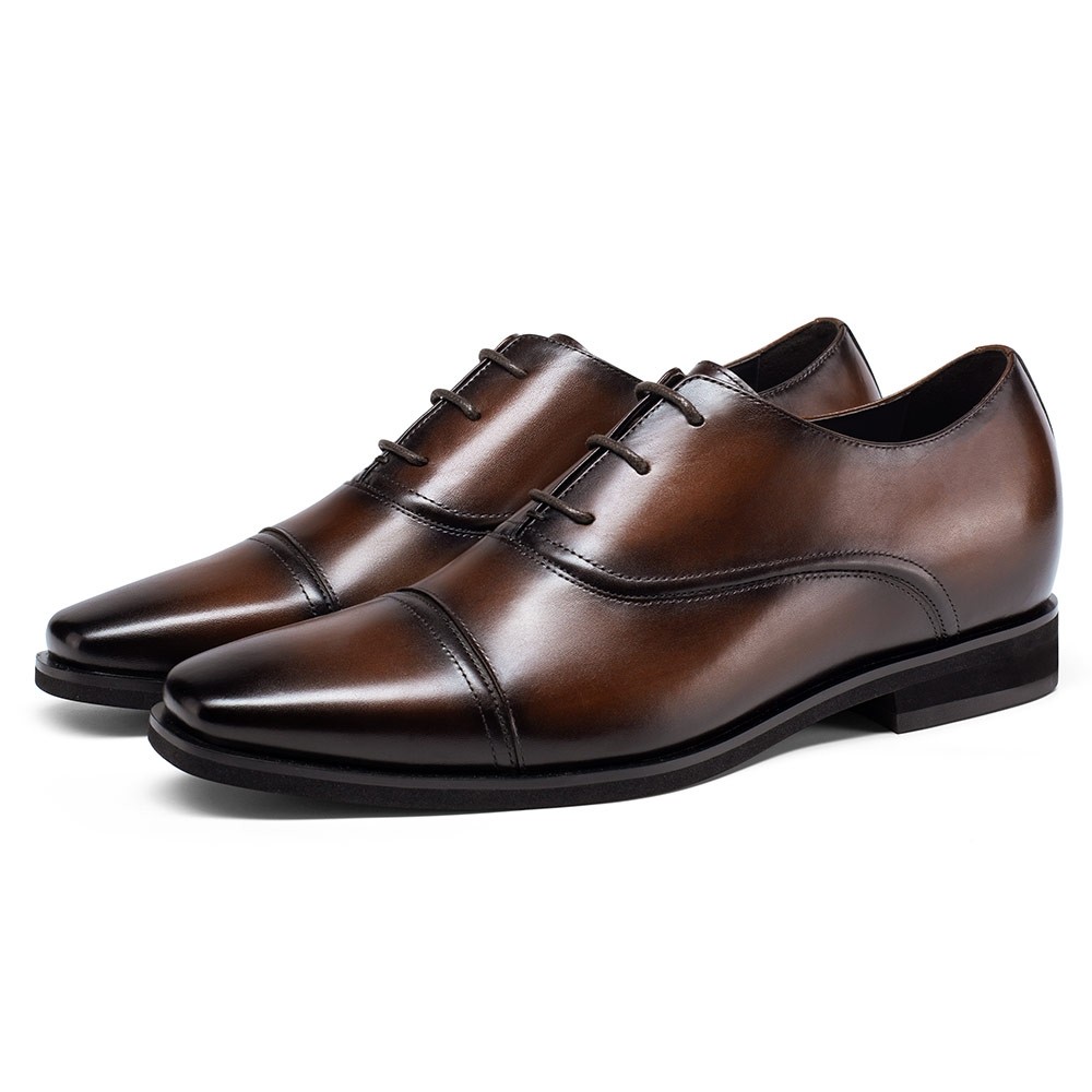 Men's Shoes With Higher Heels - Height Boosting Shoes - Brown Men's Oxford Shoes 2.76 Inches / 7 CM
