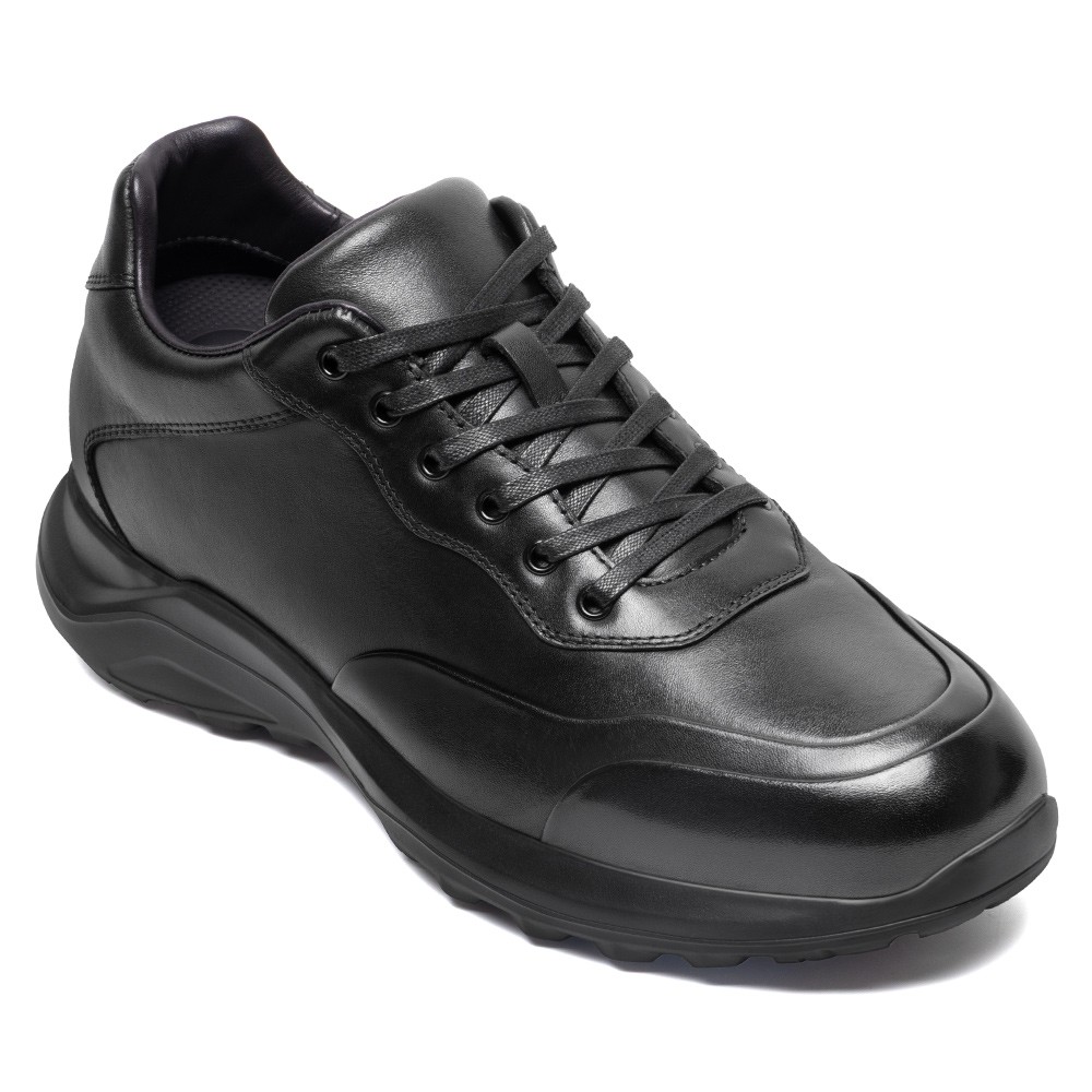 CMR CHAMARIPA Men's Height Increasing Sneakers - Black Leather Hidden Heel Shoes 8CM / 3.15 Inches