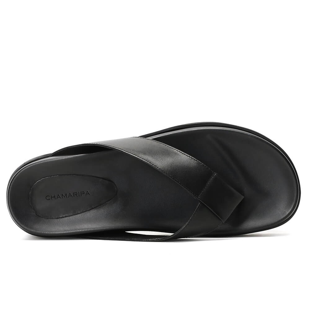 Chamaripa black leather elevator sandals comfort high heel flip flop ...
