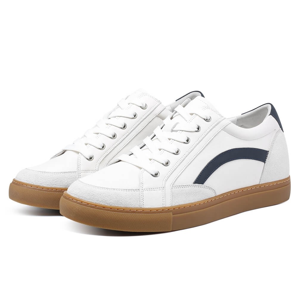 Height Increasing Shoes - Casual Elevator Shoes - White Leather Sneakers For Men 2.76 Inches / 7 CM