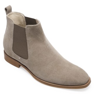 High Heel Shoes For Men - Height Increasing Boots - Khaki Suede Leather Chelsea Boots - 7CM/ 2.76 Inches