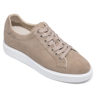 Elevator Shoes Suede Leather Apricot Sneakers That Add Height 6 CM / 2.36 Inches