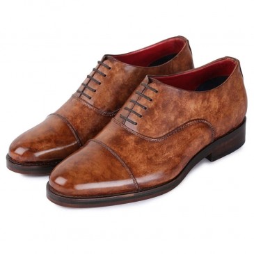 Business Elevator Shoes for Men - Brown Handcrafted Leather Tall Men Shoes - Cap toe Oxford 7CM / 2.76 Inches