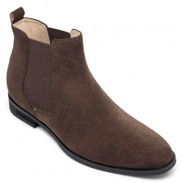 height increasing boots - mens elevator boots - coffee suede leather men's elevator chelsea boots 7 CM / 2.76 Inches 