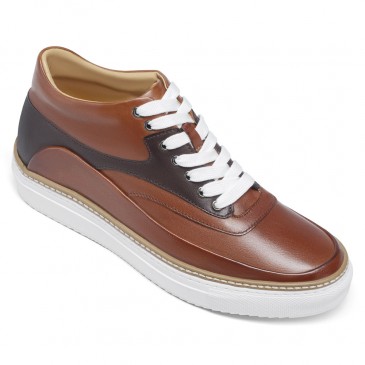 elevator sneakers - invisible height increase shoes - brown leather men's casual shoes 6 CM / 2.36 Inches
