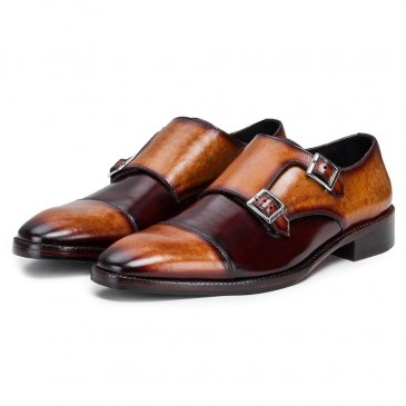 CHAMARIPA tall men shoes - handcrafted captoe double monk strap - tan & brown - 7 CM / 2.76 inches taller