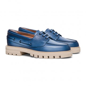women's height increasing with hidden heel shoes-distressed blue leather boat shoes 7 CM / 2.76 Inches