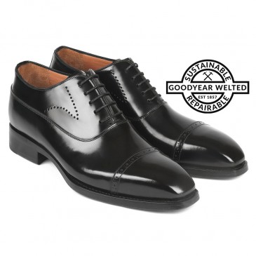 Goodyear Welted Elevator Shoes - hidden heel shoes mens- Black Cap Toe Oxfords 7 CM / 2.76 Inches