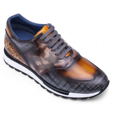 Casual Tall Men Shoes - Hand Patina Elevator Sneaker - Multi-Colored Patina Leather Trainers 7CM /2.76 Inches