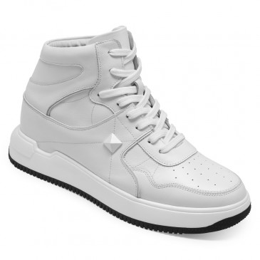 CHAMARIPA - hidden heel sneakers - high shoes for men - White Leather High Top Sneakers - 7 CM/ 2.76 inches taller