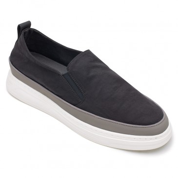 hidden heel shoes mens - invisible height increase shoes - black microfiber cloth casual slip-on shoes 5 CM / 1.95 Inches