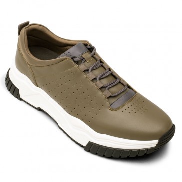 elevator sneakers for men - height increasing shoes - army green cowhide leather shoes 7CM / 2.76Inches