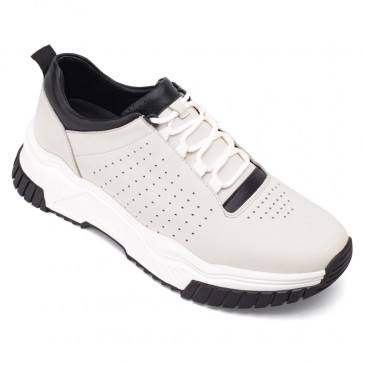 mens shoes with height - mens elevator shoes - White leather casual tall men shoes taller 7 CM / 2.76 Inches