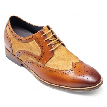 height increasing shoes - mens shoes with height - brown genuine leather brogues wingtip shoes 7CM / 2.76Inches