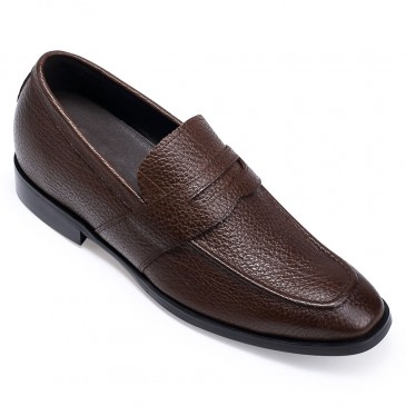Chamaripa height increasing shoes for men - hidden heel shoes for men - Brown leather penny loafers - 7CM/2.76 Inches