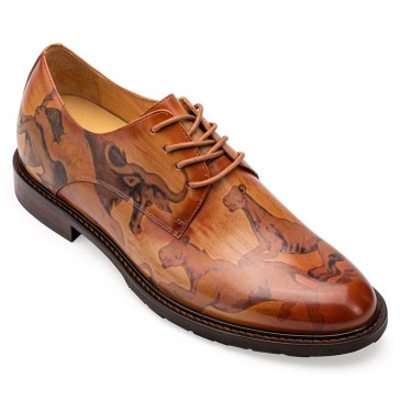 handcrafted high heel men dress shoes - Hand-Painted Leather elevator shoes - brown animal pattern Wholecut derby 6CM / 2.36 Inches