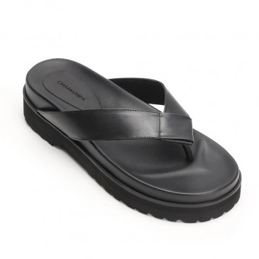 Chamaripa black leather elevator sandals comfort high heel flip flop sandals 6 CM / 2.36 Inches