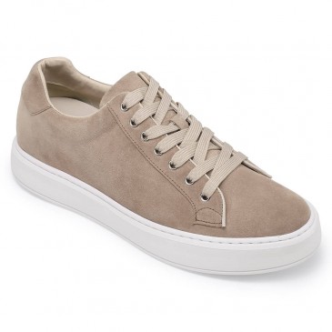 Chamaripa Elevator Shoes Suede Leather Apricot Sneakers that Add Height 6 CM / 2.36 Inches