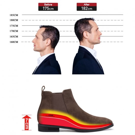 ऊंचाई बढ़ाने वाले जूते - पुरुषों के एलेवेटर जूते - कॉफी साबर चमड़े के पुरुषों के एलेवेटर चेल्सी जूते 7 सीएम