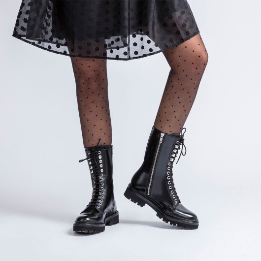 CHAMARIPA महिला ज़िप वेज बूट - ब्लैक वेज बूट - लेदर हाइट डर्बी बूट महिला 7 सीएम लंबा