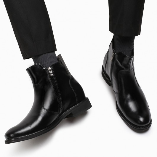 पुरुषों के लिए CHAMARIPA एलेवेटर जूते चेल्सी जूते छिपा ऊँची एड़ी के काले चमड़े के जूते 7CM के साथ