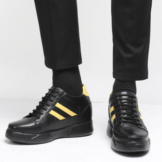 CHAMARIPA पुरुषों की काले चमड़े के जूते के लिए आकस्मिक ऊँचाई बढ़ाने वाले जूते जो आपको 9 सेमी लंबा बनाते हैं