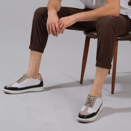 CHAMARIPA पुरुषों के लिए एलेवेटर स्नीकर्स - चमड़े के आरामदायक जूते - सफ़ेद/खाकी - 6 सेमी लम्बे