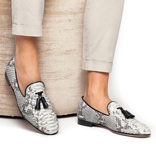 Chamaripa Height Increasing Shoes Grey Snake Pattern Leather Loafers Tassel Embellished Elevator Shoes 6CM/2.36 Inches