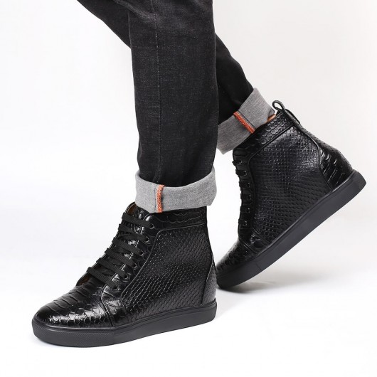 Chamaripa High Top Elevator Sneakers Black Leather Hidden Heel Sneakers that Get Taller 8CM/3.15 Inches