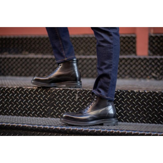 चमारिपा ऊंचाई पुरुषों काले चमड़े छिपा एड़ी बूट 9CM / 3.54 इंच के लिए मोक-टो बूट लिफ्ट जूते बढ़ रही है