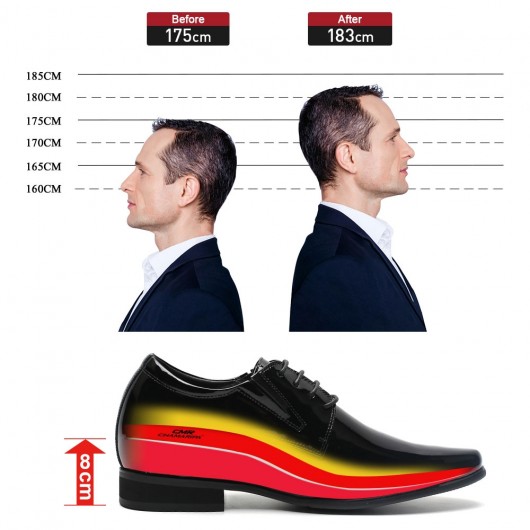 पुरुषों की ऊँचाई बढ़ाने वाले जूते काले टक्सीडो पेटेंट चमड़े के पुरुषों के ड्रेस के जूते 8CM
