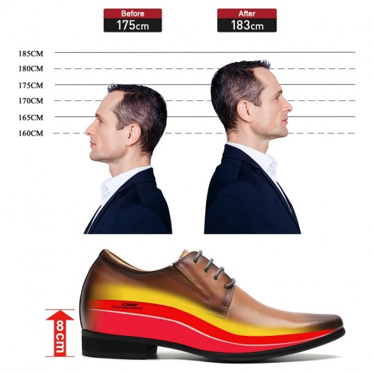 पुरुषों की ऊँचाई बढ़ाने वाले जूते औपचारिक ऊँचाई बढ़ाने वाले ड्रेस जूते भूरे रंग के डर्बी जूते 8CM
