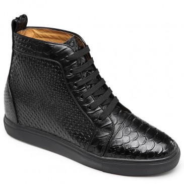 Chamaripa High Top Elevator Sneakers Black Leather Hidden Heel Sneakers that Add Height 8CM/3.15 Inches