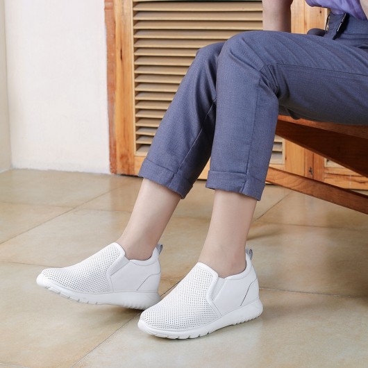 CHAMARIPA Damen Wedge Sneakers - Plateau Wedges Sneakers - Slip-On-Schuhe aus weißem Leder für Frauen, die 7 CM größer