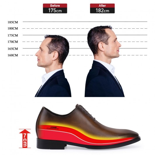CHAMARIPA Erkekler İçin Asansörlü Elbise Ayakkabıları - Kahverengi Dana Derisi Düğün Ayakkabıları - 7CM Daha Uzun