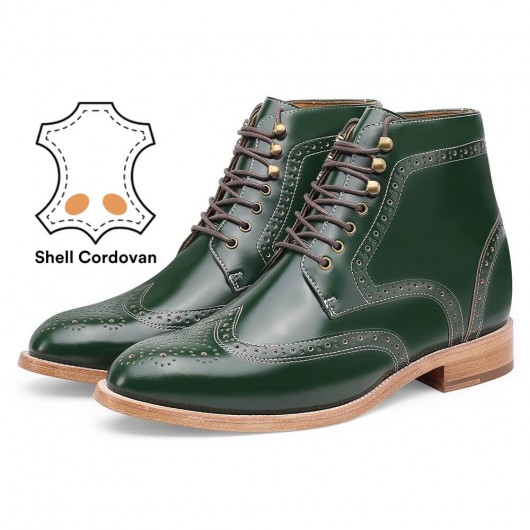 Shell Cordovan Height Increasing Shoes - Green Brogue Tall Men Boots - Men's Handmade Wing Tip Boots 9CM / 3.54 Inches