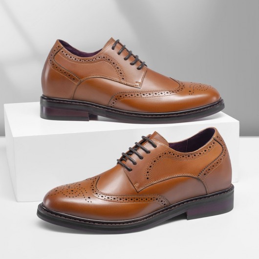 gizli topuk erkek ayakkabı - sizi daha uzun yapan elbise ayakkabısı - kahverengi patinalı deri derbi brogues 6 CM