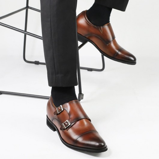 CHAMARIPA erkek yüksekliği artan keşiş asansör elbise ayakkabı erkekler için kahverengi dana derisi deri 7 CM
