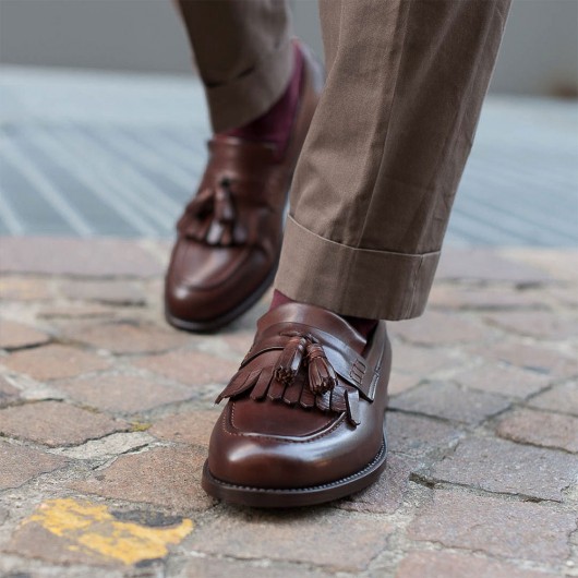 erkek uzun ayakkabı - boy uzatan deri ayakkabı - koyu kahverengi butik el yapımı loafer'lar 6 CM (Son Ayakkabı Yok)