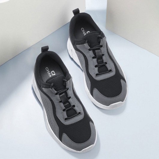  CHAMARIPA kadınlar için asansör ayakkabıları platform dolgulu spor ayakkabılar koyu gri deri ve örgü spor ayakkabı 6 CM daha uzun
